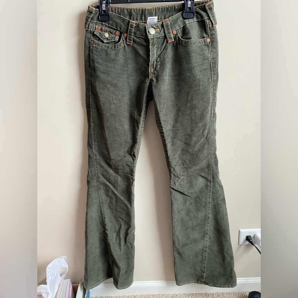 True religion green corduroy boot cut pants with orange stitching